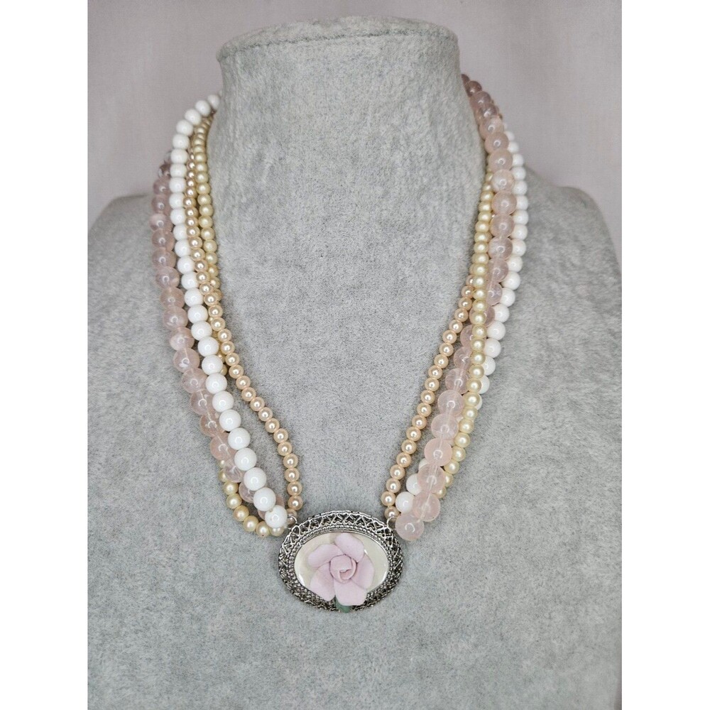 Vtg 1928 Jewelry Co Rose Quartz Pearl Multi Strand Choker Flower Necklace GUC